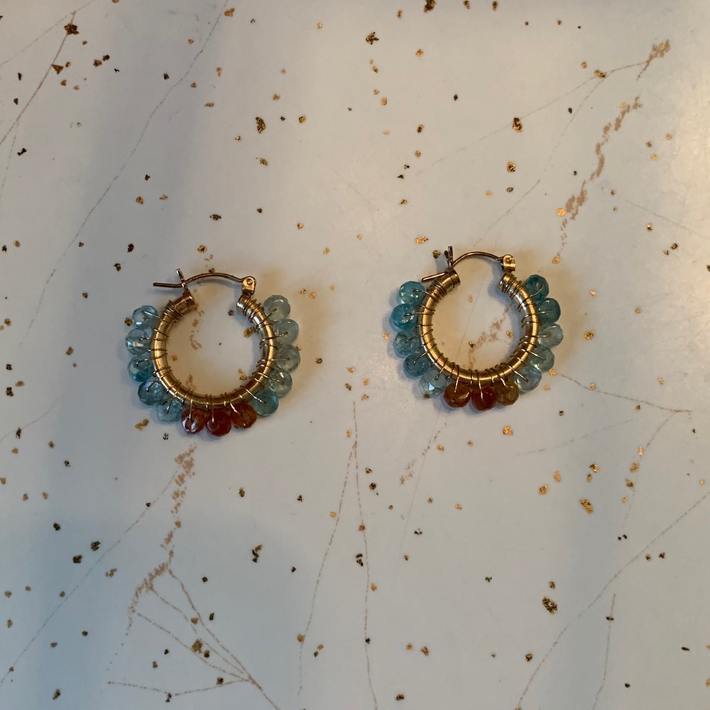 Gold hoop earrings | light blue & amber brown beads | Arhaus